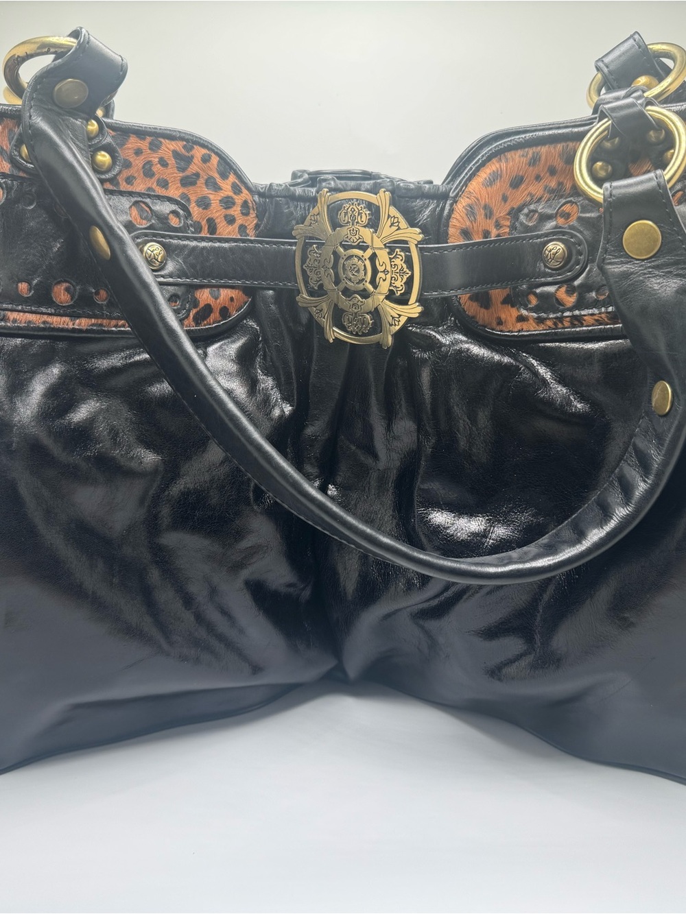 Kate Landry Black Leather Tote with Leopard Accent and Gold Emblem